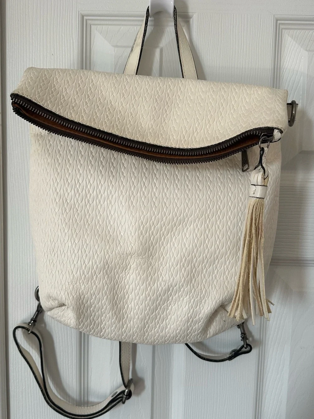 Patricia Nash Cream Textured Backpack with Tassel Accent